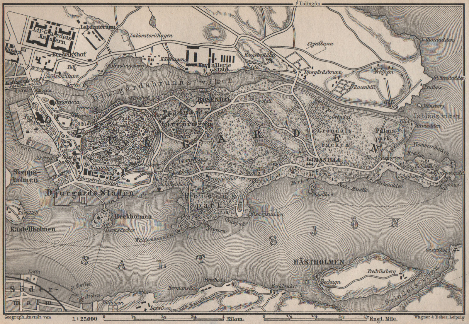 DJURGARDEN Djurgården. Stockholm. Sweden karta. BAEDEKER 1899 old antique map